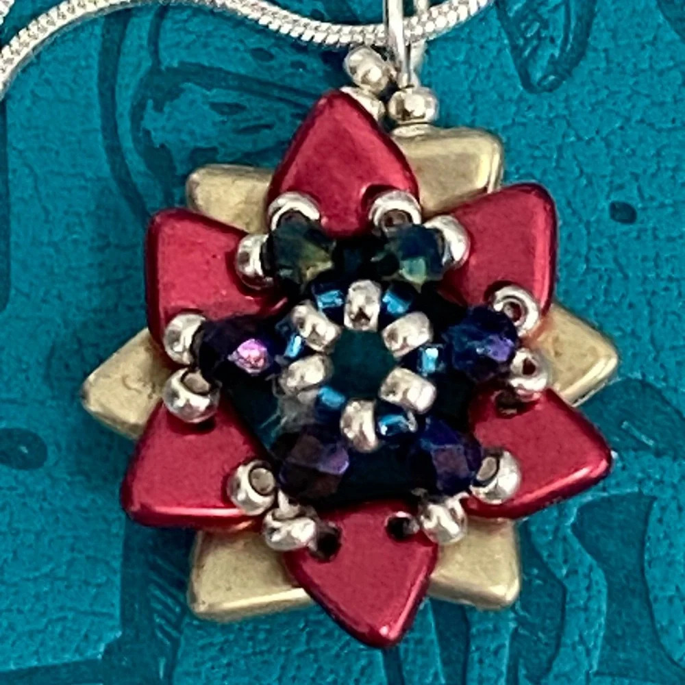 Handmade Red Blue Silver Gold Czech Bead Flower 925 Sterling Silver Necklace